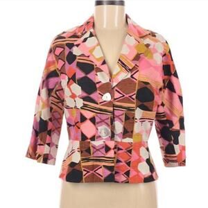 Anthracite PopArt Geometric Button Up  Silk Blazer Jacket 3/4 Sleeves Size 6